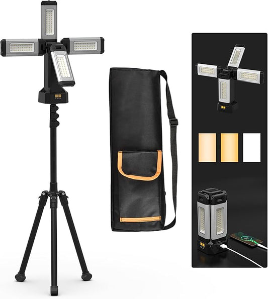Upgraded Aluminum13200mAh Rechargeable Work Light with Folding Stand and Carrying Bag, 8000 Lumen Cordless Camping Light, White/Warm/Nature White with Detachable Tripod (Standard)
