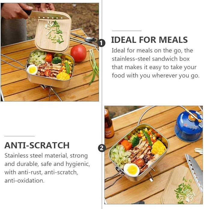 Stainless Steel Camping Cookware Pot with Bamboo Chopping Board, Camping Mess Tin with Foldable Handle and Lid, Applicable for Camping Hiking BackPacking (30oz)