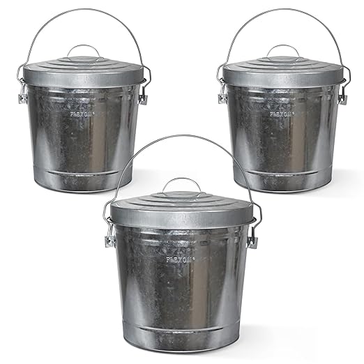 Plexon Metal Trash Can with Locking Lid Outdoor Storage Bucket for Bird Seed Ash 6-Gallon Galvanized Steel 3 Pack