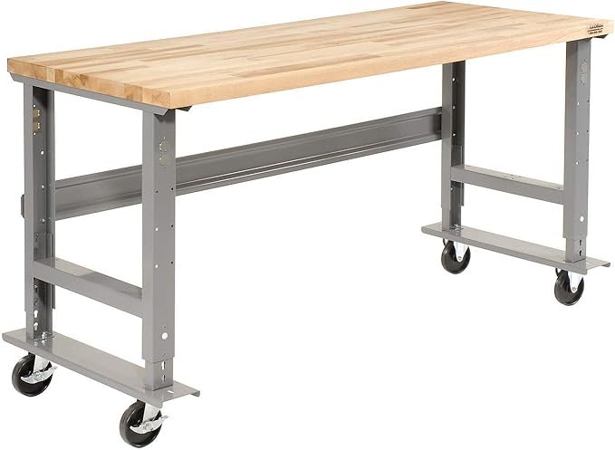Global Industrial Mobile Adjustable Height C-Channel Leg Workbench, Maple Butcher Block Square Edge, 72" Wx36 D, Gray