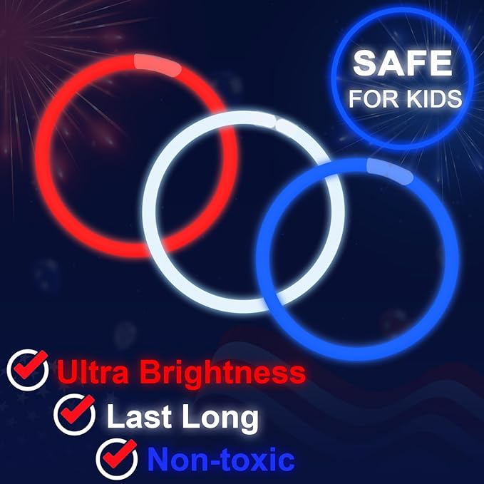 Bulk Patriotic Red White Blue Glow Sticks 300 PCS,Light Up Bracelets Necklaces Accessories for Kids,Glow Party Favors Supplies Decorations for Independence Day, America July Parade, Birthday, Pool