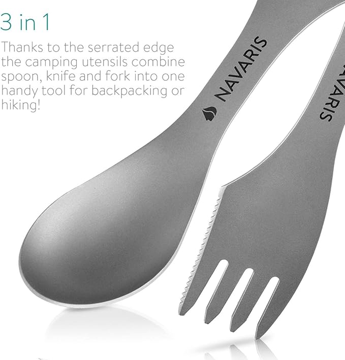 Navaris Titanium Spork Camping Utensils (Set of 2) - 3-in-1 Fork, Spoon, Knife Cutlery Combo - Metal Silverware for Backpacking, Hiking, Outdoors