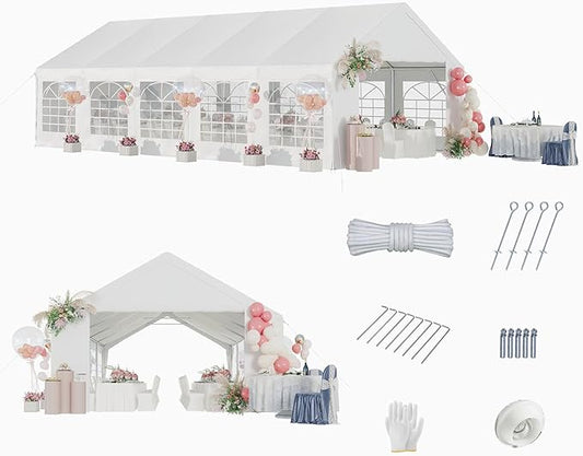 Aoxun 32x16 Party Tent Canopy for Weddings Waterproof Event Tent with Removable Sidewalls &Roll-up Door, Heavy-Duty Steel Frame for Outdoor Weddings, BBQ, Birthday Parties, & Camping,White