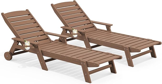 SERWALL Patio Chaise Lounge Chair Set of 2, 78'' Long HDPE Outdoor Lounge Chair, 5 Positions Adjustable Poly Lounge Chair with Rolling Wheels & Cup Holder for Pool, Brown