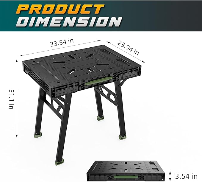 Foldable Work Bench,Easy Step Protable Work Table,34" W x 25" D x 31" H Lightweight Workbench wih 1650 LBS,Work Benches for Garage,Work Bench Suitable for Garage,Workshop and Home (Green)