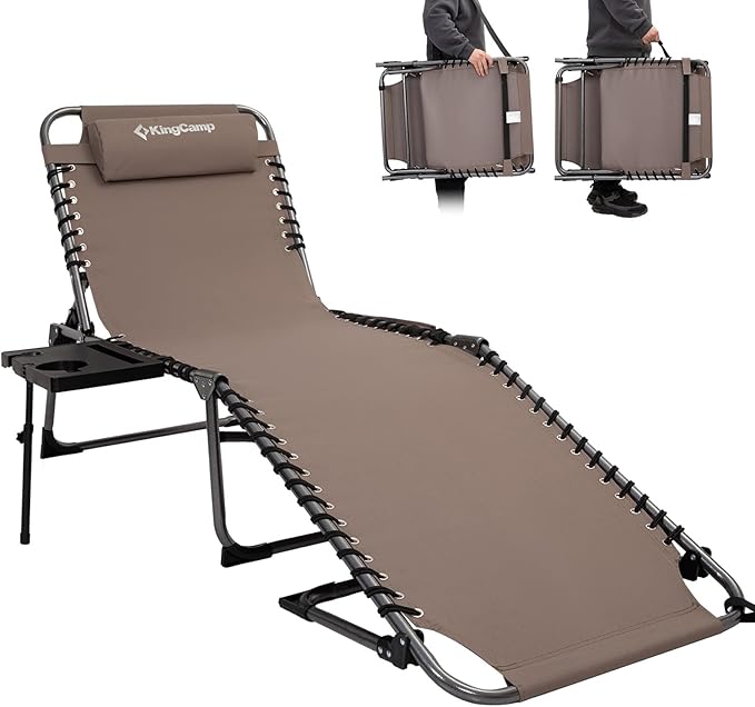 KingCamp Folding Chaise Lounge Chair for Outside Beach, Sunbathing, Patio, Pool, Lawn, Deck, Lay Flat Camping Reclining Lounge Chair with Pillow & Side Table （1 Pack, Beige）