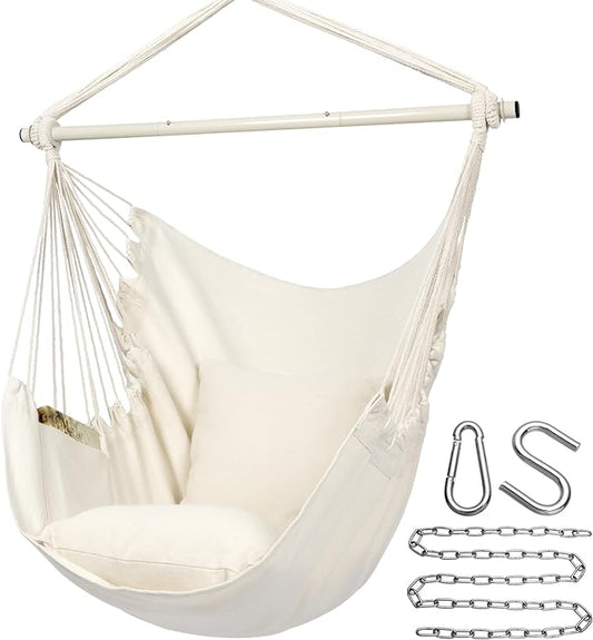 Y- STOP Hammock Chair Hanging Rope Swing Chair, Max 500 Lbs, 2 Seat Cushions Included, Removable Steel Spreader Bar with Anti-Slip Rings for Indoor or Outdoor(Beige)