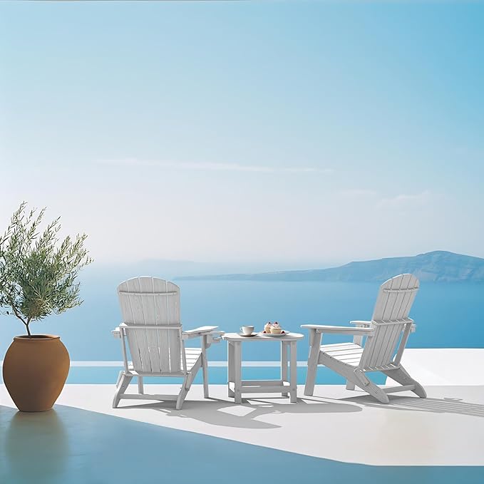 Folding Adirondack Chair, SGS Tested, Wooden Textured with Cup Holder, Heavy All-Weather HDPE Comfortable Set Poolside Backyard Lawn White