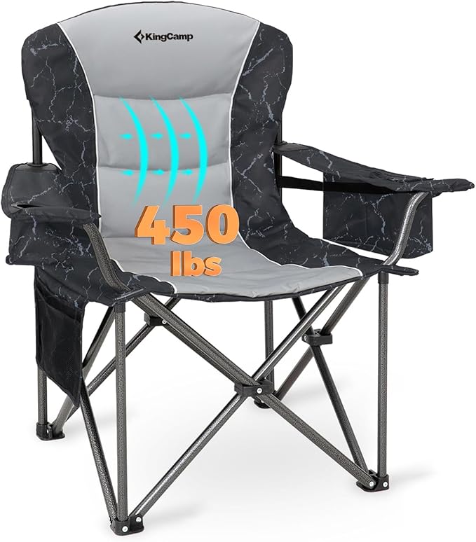 KingCamp Oversized Camping Folding Chair, Heavy Duty 450 LBS with Lumbar Support, Padded seat with Cup Holder&Cooler Bag, Ideal for Camp, Fishing, Sports Event, Backyard, Patio, Lawn (Lava Grey)