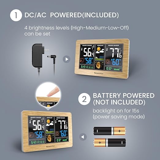 Newentor Weather Station Wireless Indoor Outdoor Thermometer, Color Display Digital Weather Thermometer with Atomic Clock, Barometric Pressure, Forecast Station with Adjustable Backlight, Wood