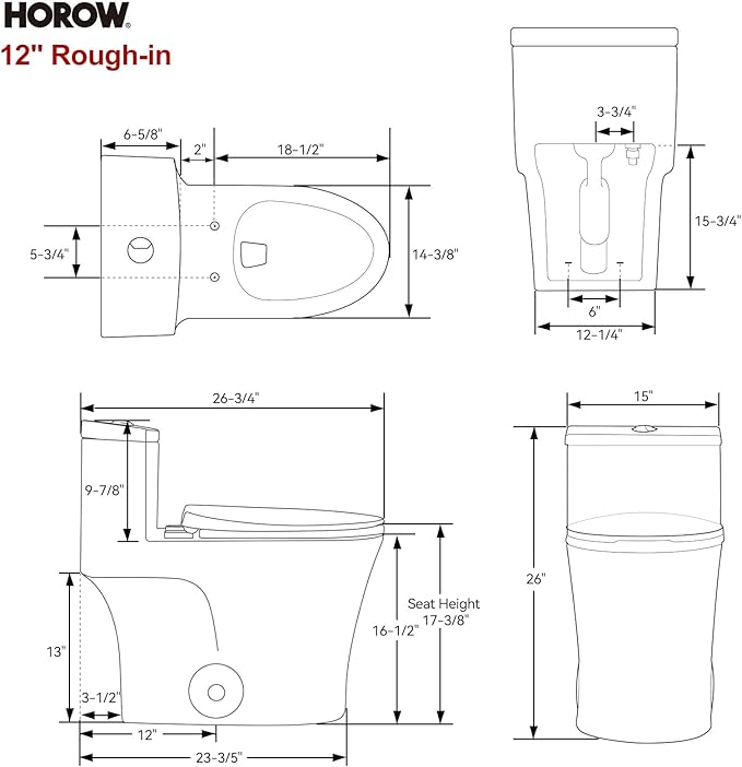 HOROW T0338WG One Piece Toilet with Gold Button, Elongated Toilet with Comfort Seat Height, ADA Chair Height 17.3", Dual Flush 0.8/1.28 GPF & MAP 1000g, Standard White Toilet Bowl, Gold Tank Button