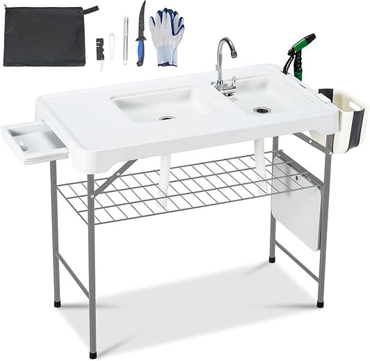 Dragosum 42'' Outdoor Fish Cleaning Table Portable Camping Sink Station with Double Sinks, Collapsible Swivel Faucet, Picnic Sink Table with 6pc Fish Cleaning Kit for Picnic Beach Patio (Grey)