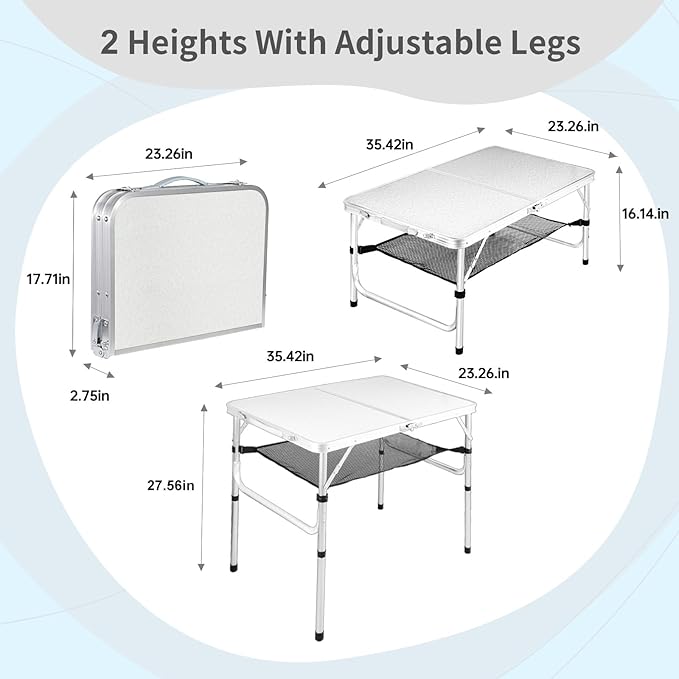 Medium Folding Table,2 Adjustable Height Foldable Table,3Ft Portable Camping Table,Outdoor Folding Table with Net Mesh，Folding Beach Table,White Metal Folding Table for Patio BBQ Backpacking