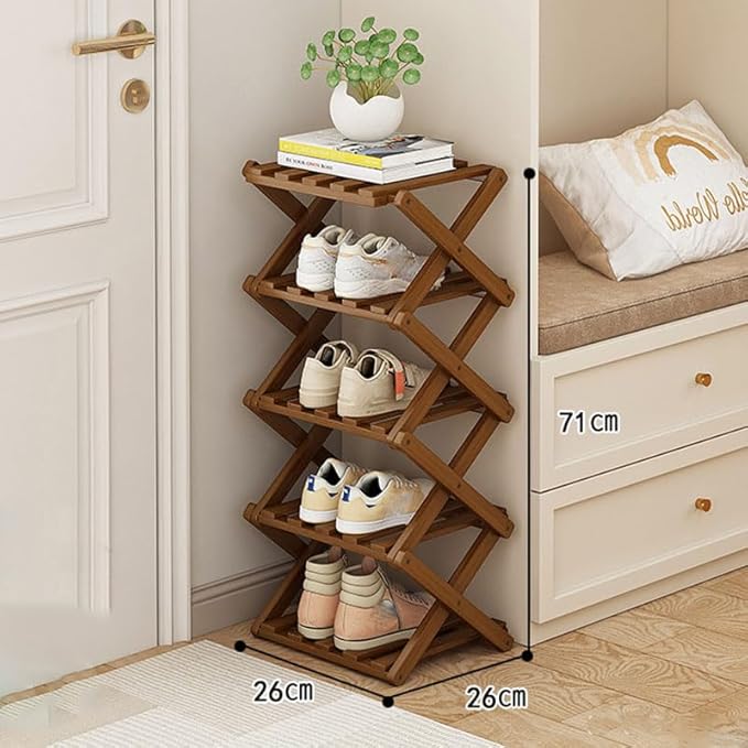 YYW Bamboo Shoe Rack for Entryway,Installation-Free and Foldable Vertical Shoe Storage Organizer,Free Standing Shoe Racks Shelf Closet Shoe Organizer for Living Room (Tawny-5 Layers)