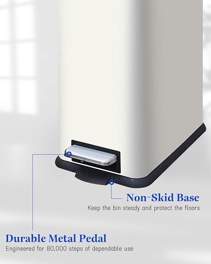 Trash Can with Lid, 10 L Bathroom Waste Bin, Small Pedal Bin, Stainless Steel Garbage Can for Bathroom, Bedroom and Office, White