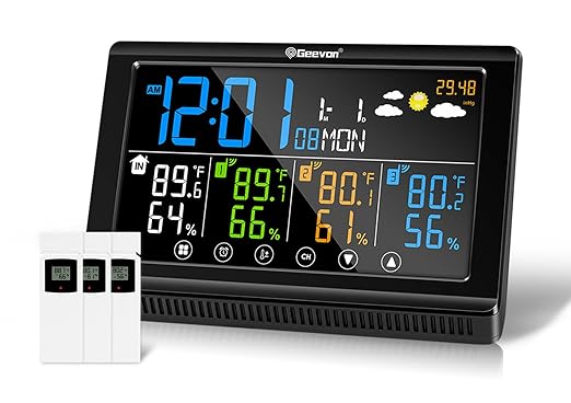 Geevon Weather Station Wireless Indoor Outdoor Thermometer 3 Sensors, Color Display Digital Temperature Humidity Monitor with Barometer, Calendar, USB Charge and Adjustable Backlight