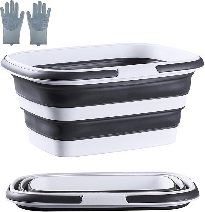 2.9 Gal(11 L) Collapsible Mop Bucket with Handle – Square Silicone Cleaning Bucket for Mopping, Car & Window Washing – Space-Saving Storage Organizer, Durable Plastic Bucket – Pair of Silicone Gloves