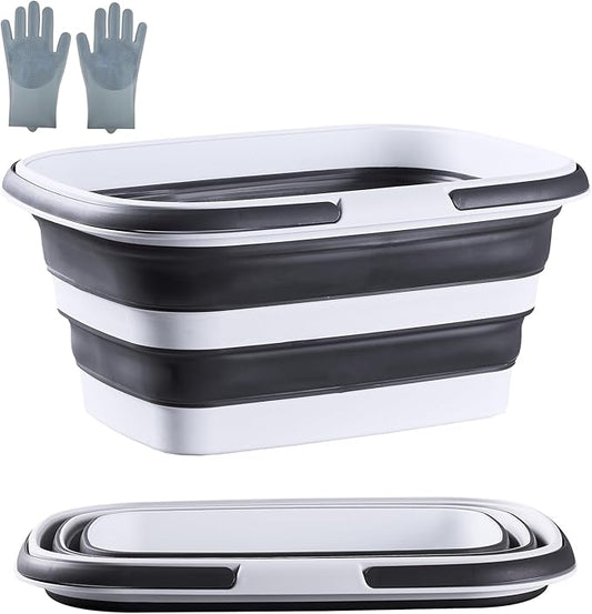 2.1 Gal(8 L) Small Collapsible Mop Bucket with Handle – Durable Plastic Square Silicone Cleaning Bucket for Mopping, Car & Window Washing – Space-Saving Storage Organizer – Pair of Silicone Gloves