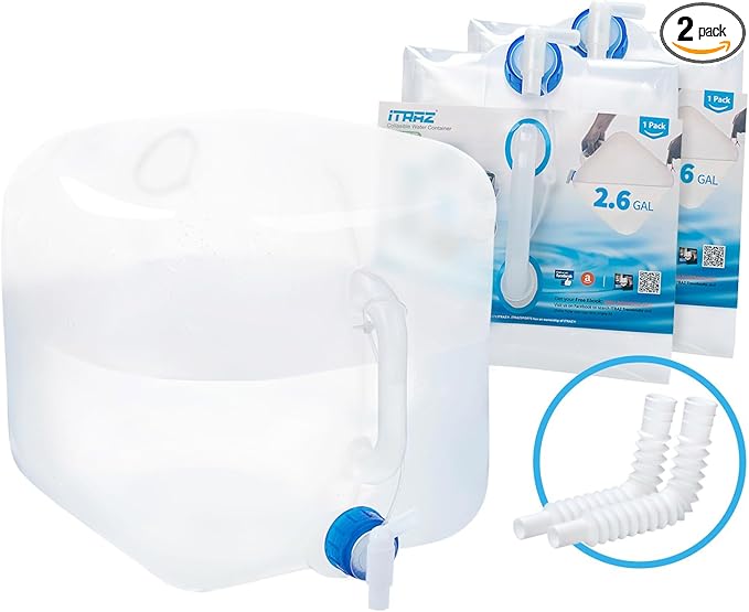 Collapsible Water Container with Spigot, 2×2.6 Gallon BPA Free Camping Water Storage Jug Carrier for Outdoors Hiking Backpack RV&Emergency, Survival Water Canteen-Portable Foldable Transparent