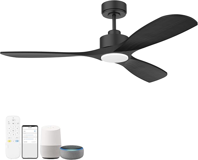 52” Wood Smart Ceiling Fans with Lights Remote,Quiet DC Motor,Outdoor Indoor Ceiling Fan,Voice Control via WIFI Alexa App,Dimmable,Modern Black Ceiling Fan for Bedroom Patio Porch