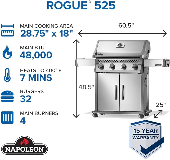 Napoleon Rogue 525 Propane Gas Grill, Stainless Steel, Durable 4-Burner Outdoor BBQ