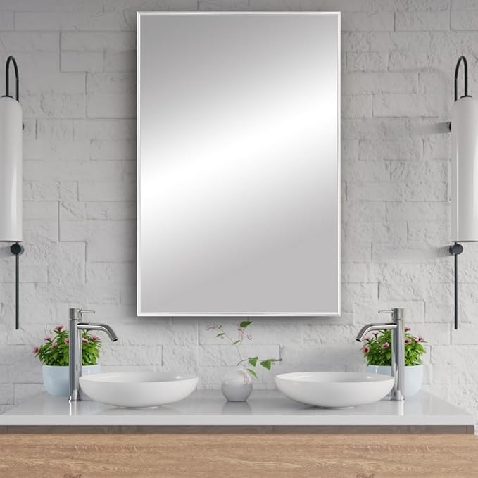 Frame My Mirror White Metal Framed Mirror, 26" x 32" Mirror for Bathroom, Metal Frame, True Reflections Glass, Pure White Finish, Stanton Design, Hangs Horizontally or Vertically, Made in USA