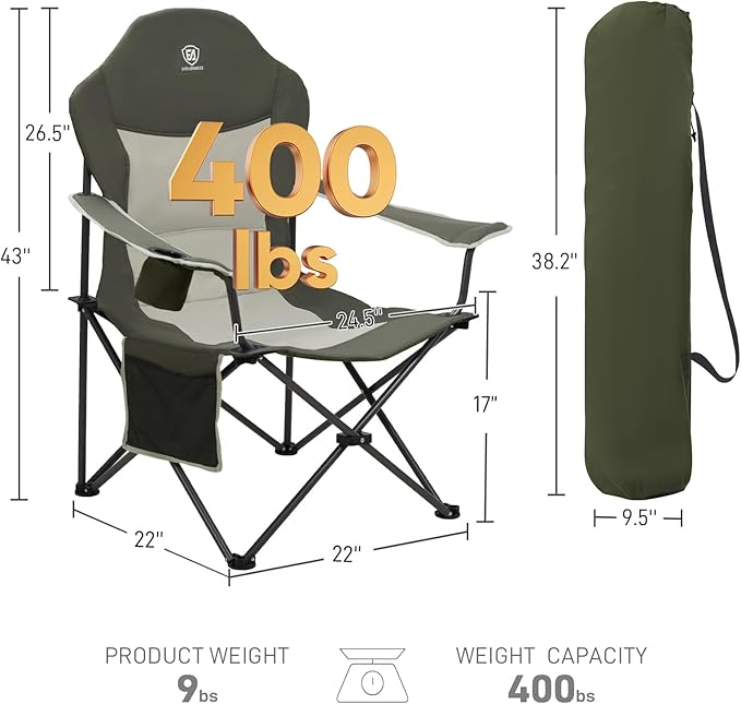 EVER ADVANCED Camping Chairs, Lawn Chairs Outdoor Sports Chairs, Folding Chair 2 Pack Camping Chairs for Adults, Supports 400lbs, Green