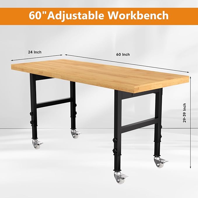60" Adjustable Height Workbench with Wheels, Heavy-Duty Solid Wood Work Table with Power Outlets, 2000 LBS Capacity Workstation for Garage, Workshop(60" X 24")