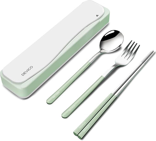 DEVICO Travel Utensils, 18/8 Stainless Steel 4pcs Cutlery Set Portable Camp Reusable Flatware Silverware, Include Fork Spoon Chopsticks with Case (Green)