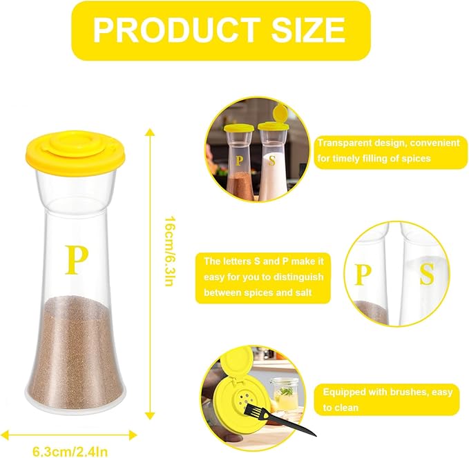 Set of 2 Clear Salt and Pepper Shakers, Plastic Spice Jars with Colorful Lids, Leakproof Moisture-Proof for Home Kitchen Restaurant, Camping, Travel, Picnic (Yllow)