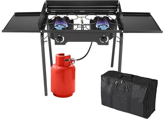 Bonnlo 2 Burners Propane Gas Stove, 150,000 BTU Portable Outdoor Camp Cooker Stove with Regulator, Side Shelves, Foldable Windpanel, Adjustable Height & Carrying Bag for Backyard, Camping, Tailgating