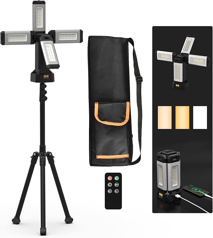 Upgraded Aluminum13200mAh Rechargeable Work Light with Folding Stand and Carrying Bag, 8000 Lumen Cordless Camping Light, White/Warm/Nature White with Detachable Tripod (Remote)