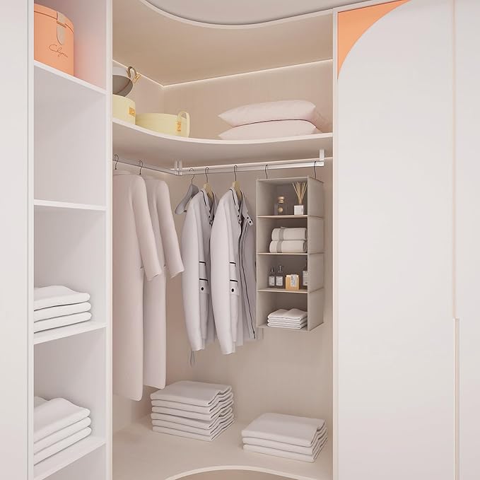 Hanging Closet Organizer and Storage, Foldable 4-Shelf Wardrobe Clothes Shelves Organizer, Imitation Linen Fabric, Beige Houndstooth