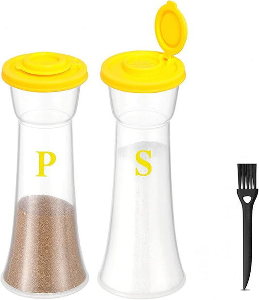 Set of 2 Clear Salt and Pepper Shakers, Plastic Spice Jars with Colorful Lids, Leakproof Moisture-Proof for Home Kitchen Restaurant, Camping, Travel, Picnic (Yllow)