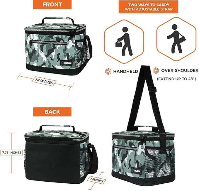 opux Insulated Lunch Box Men Women, Lunch Bag for Work School, Leakproof Soft Cooler Tote Adult, Large Lunch Pail Kids Boys Girls, Picnic Beach Food Bag with Shoulder Strap, Camo Green