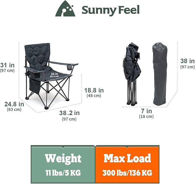 SUNNYFEEL Oversized Folding Camping Chair 2 Pack 500 LBS Heavy Duty Lawn Chairs with Portable Folding with Armrest, Cup Holder, Pocket ＆Bag for Outdoor Camping/Beach/Travel/Picnic/Fishing