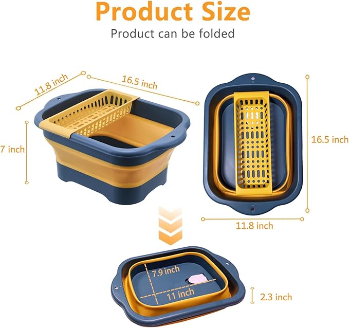 11L（2.91 Gallon） Collapsible Dish Basin with Drain Plug, Space Saving Outdoor Multiuse Foldable Sink Tub, Dishpan, Portable Kitchen Storage Tray for Vegetable Washing, Camping, RV (Yellow)