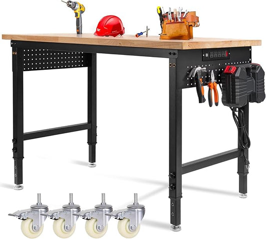 48" L×24”W Adjustable Workbench with Wheels, 28”-40”Height Heavy Duty Table 2000 LBS Load Capacity, Work Bench with Power Outlet & Pegboard, Rubber Wood Work Table for Garage, Office, Workshop