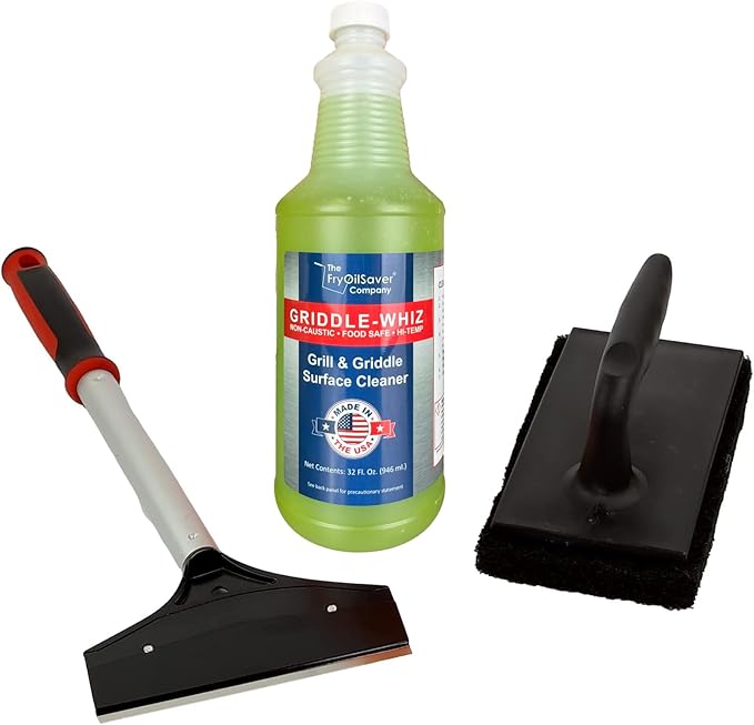 Griddle-Whiz 3pcs Cleaning Combo Kit, Grill Liquid Cleaner with Griddle Scraper & Scrubber Pad for Flat Top Grills & Blackstone Accesories, by FryOilSaver Co.