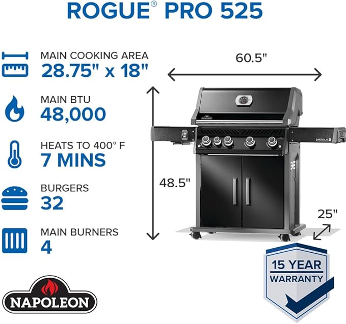Napoleon Rogue PRO 525 Natural Gas Grill with Infrared Side Burner, Black, Durable 5-Burner Cooking Surface