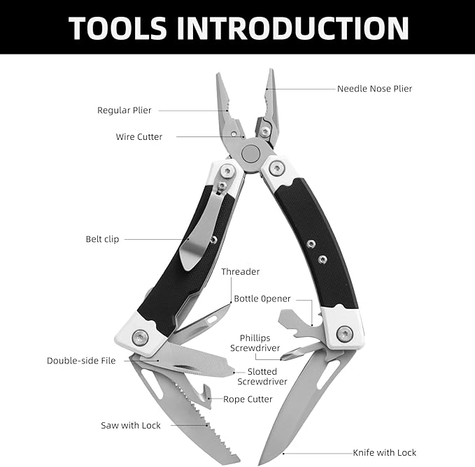 HANSHI G10 Handle Multitool Pliers with YG10 Tungsten Steel Replaceable Wire Cutters 12 in 1 Multi Tool Pocket Knife with Safety Lock,Saw,Bottel Opener for Camping,Survival with Nylon Sheath (black)