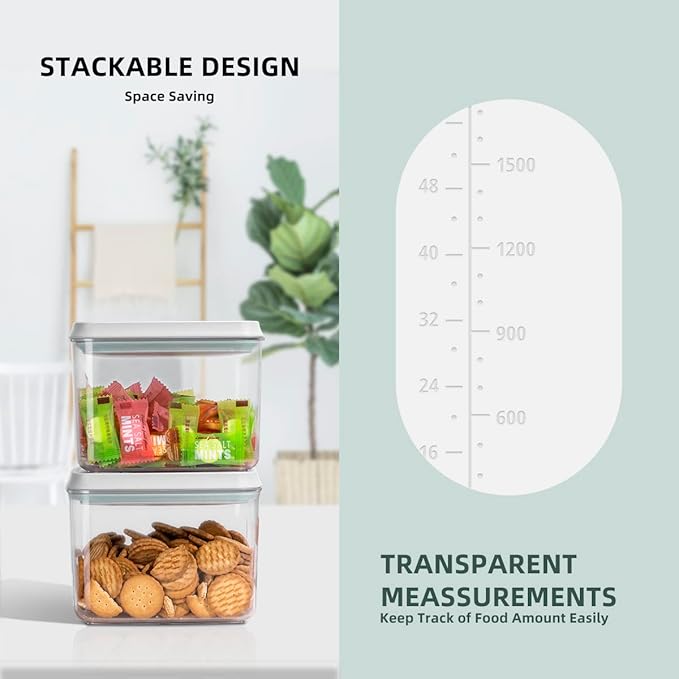 8-Piece Set of Pop Airtight Food Storage Containers with Lids Stackable Containers for Kitchen Pantry Organization Ideal for Cereal Snacks Flour Sugar Coffee and Spaghetti (1.2, 2.0, 2.7, 3.3qt)*2