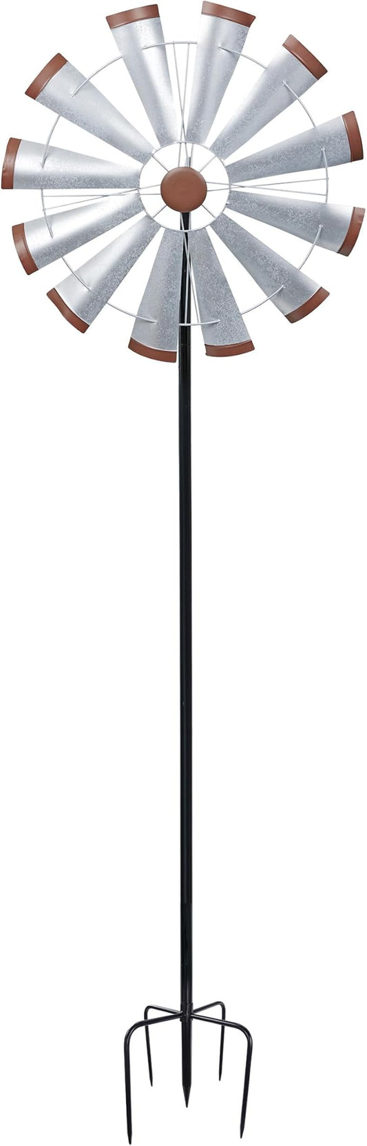 Alpine Corporation SLL2652SL 85" Metal Windmill Garden Stake, Large Outdoor Wind Spinner for Yard, Lawn, Patio, or Garden with Durable Iron Construction, Silver