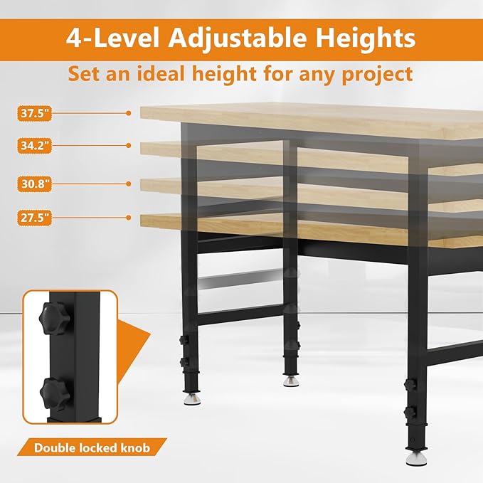 60" Work Bench, Adjustable Height Workbench, Heavy-Duty Thicker Work Table, 2000 LBS Load Capacity Workstation for Garage, Workshop, Office, Home