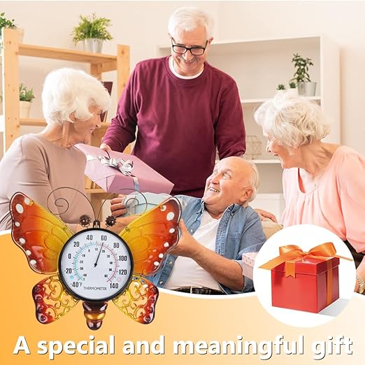 Outdoor Thermometer, Metal Indoor Thermometer, Yellow Butterfly Wall Thermometer No Need Battery for Patio Home Room Decor