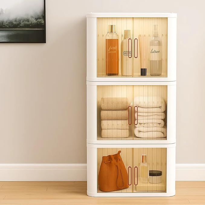 Closet Mounted Storage and Organization Systems Storage Bins with Lids and Rolling Doors Stackable Plastic Pantry Cabinet Cupboard Storage Cabinet with Sliding Door Wheels White，Large