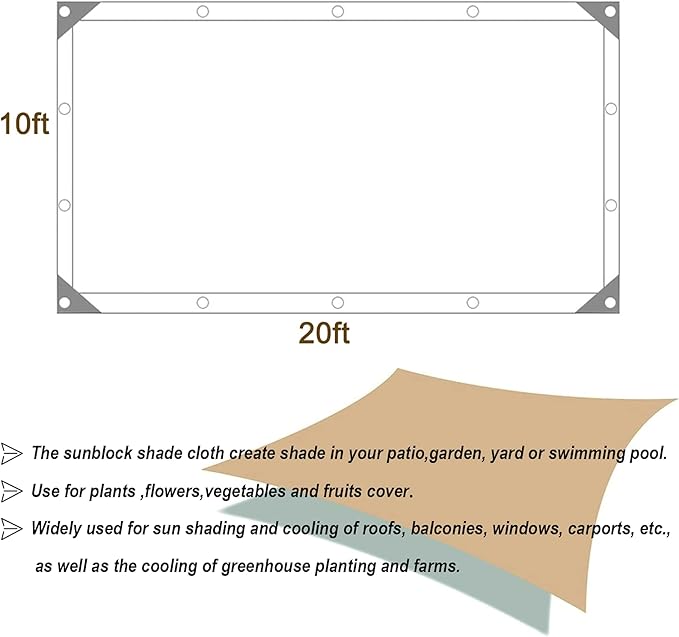 UCINNOVATE 70% Shade Cloth for Garden, 10x20 FT Sun Shade Fabric Material, Sunblock Garden Mesh Tarp with Grommets, UV Resistant Sunshade Screen Net Cover for Outdoor, Patio, Greenhouse, Plants, Yard