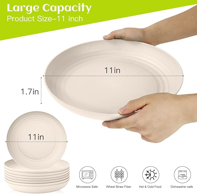 Homienly Plastic Dinner Plates, Wheat Straw Plates 11 Inch, Lightweight Unbreakable Plates Set of 8, Microwave Safe Plates, Deep Plates for Dinner - Beige