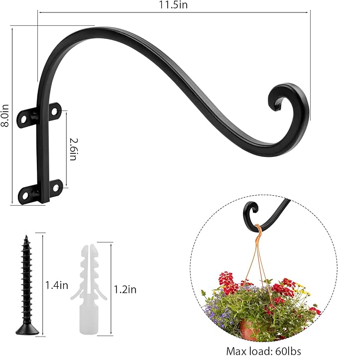 6 Pack Heavy Duty Hanging Plant Bracket, 12 inch Plant Hangers Outdoor, Brackets for Hanging Plants, Black Plant Hanger Bracket for Plants, Baskets, Bird Feeders, Lanterns, and Wind Chimes