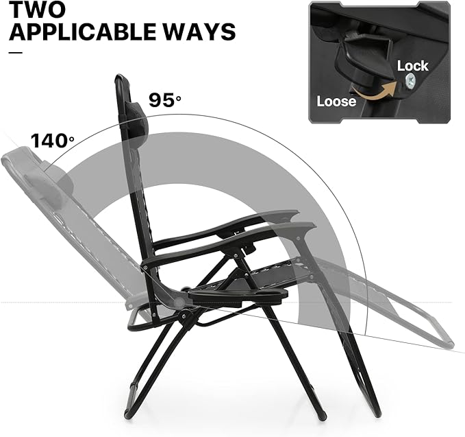 MoNiBloom Table and Patio Chairs Set of 3, Outdoor Adjustable Zero Gravity Folding Breathable Mesh Reclining Lounge Chairs with Pillow and Side Tray, 330lbs Capacity - Black